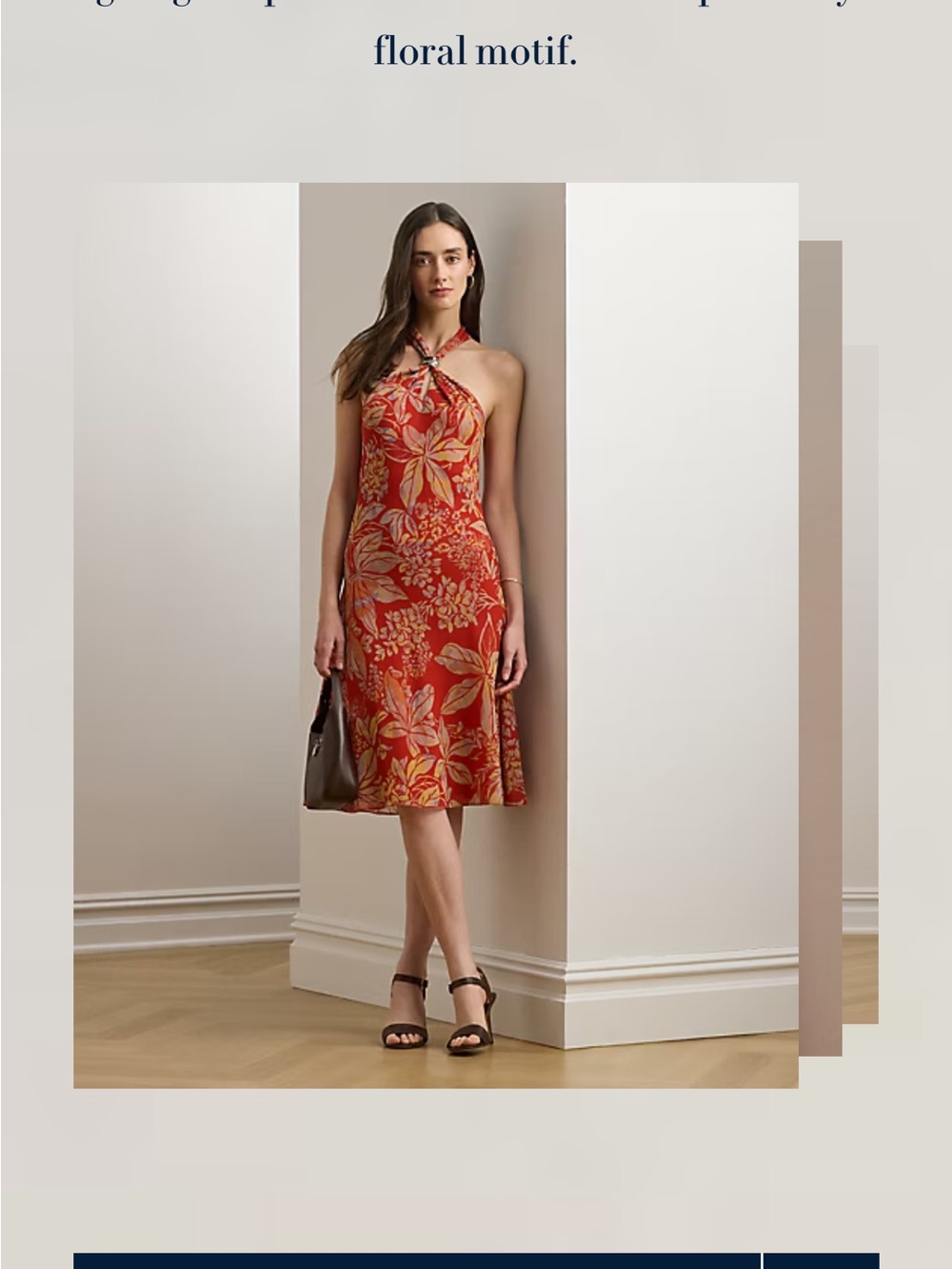 Ralph Lauren Red Floral Halter-Style Maxi Dress with Decorative Ring